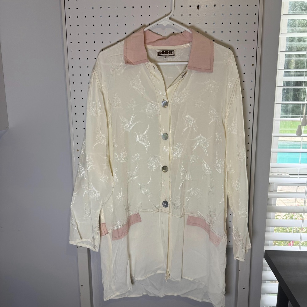 Vintage Bodil‎ Tunic Top Women's 2 Cream Pink Floral Rayon Tie Back Oversized